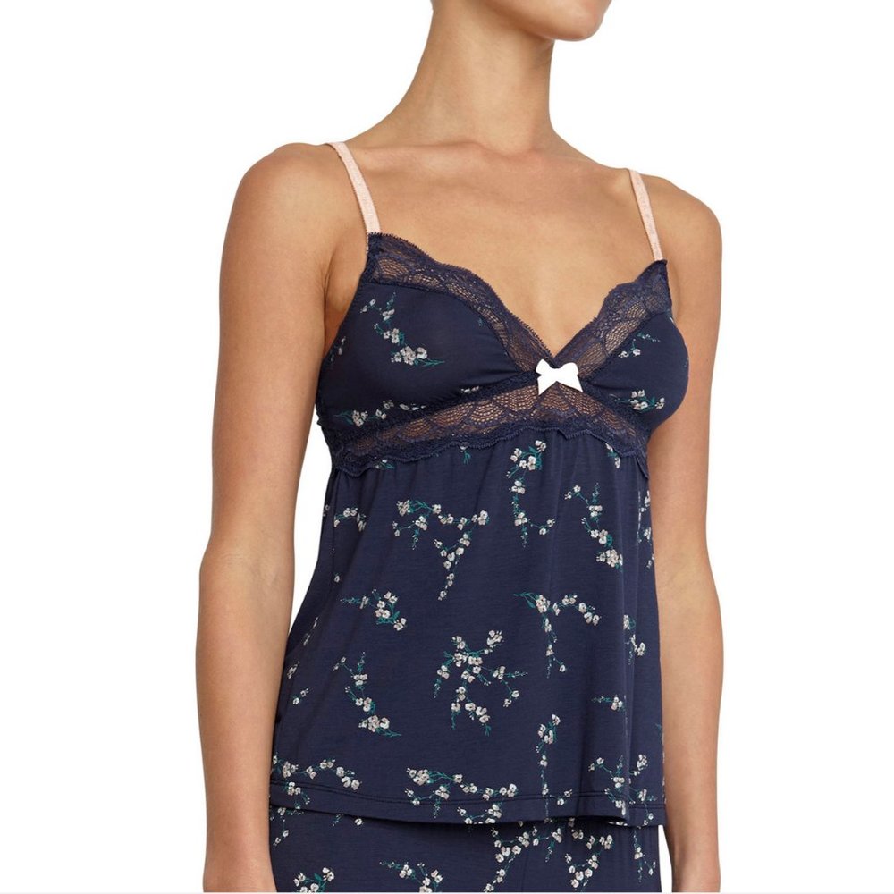 EBERJEY NAVY BLUE PINK FLORAL W/ LACE LINGERIE CAMISOLE CAMI TOP